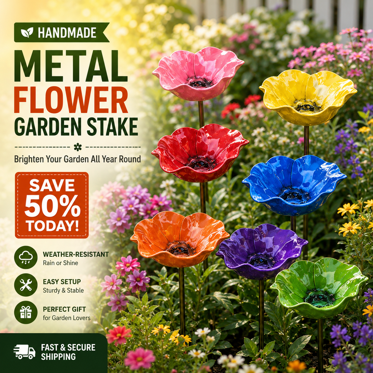 Colorful Metal Flower Stake for Birds, Bees & Butterflies