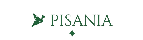Pisania logo with green text and decorative elements on a white background